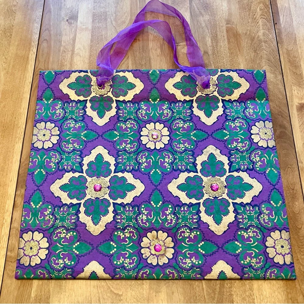 Gorgeous embellished gift bag in purple, green and gold, 16x14x6”
